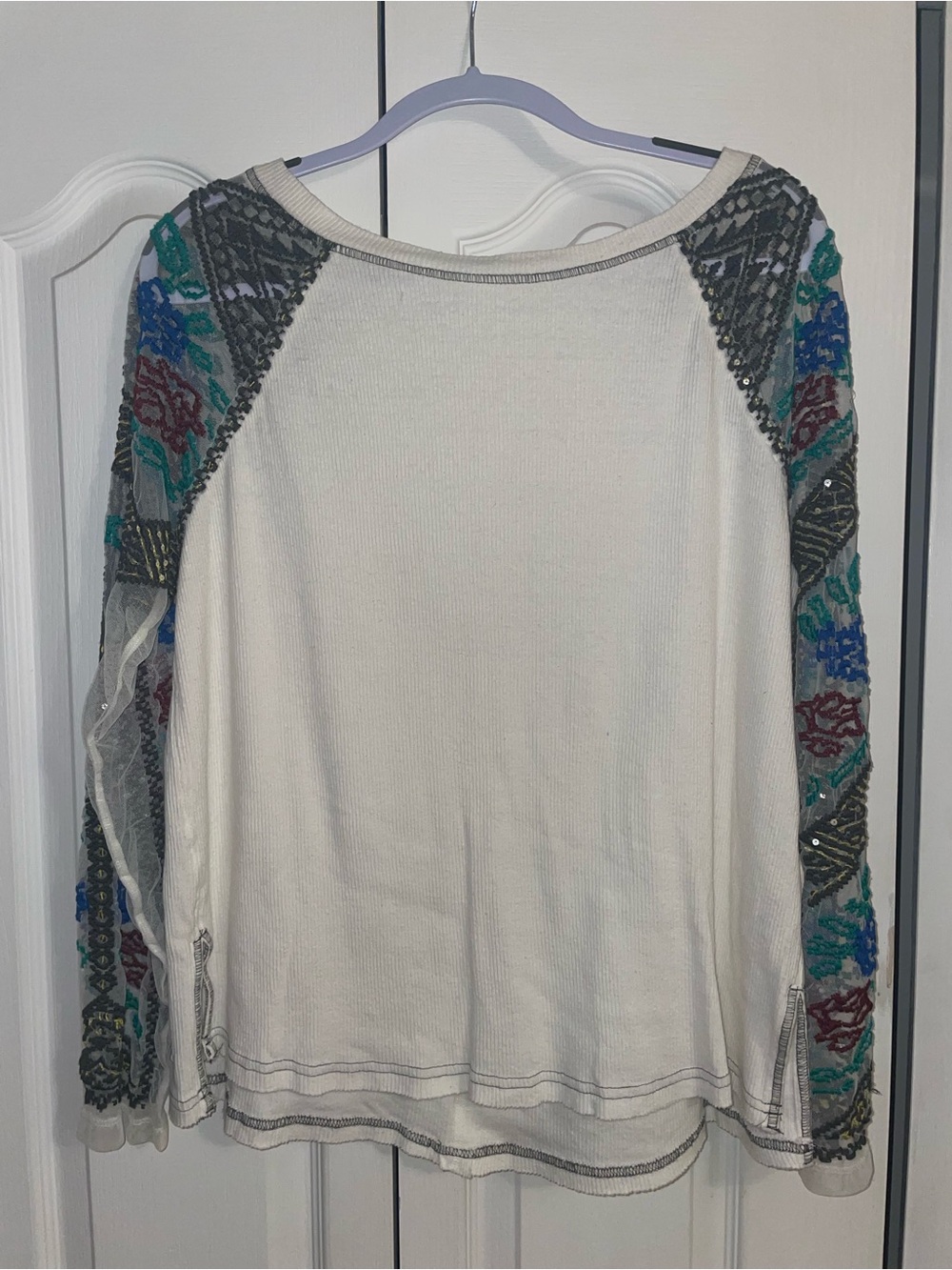 Free People Cream Long Sleeve Top with Multicolor Embroidered Sleeves